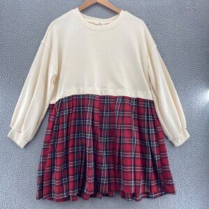 Entro Dress Women Large Some Holiday Spice Mini Ivory Red Flannel Balloon Sleeve